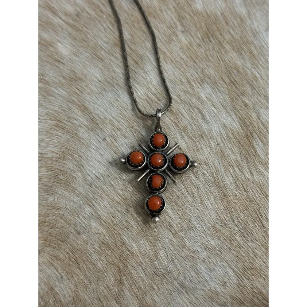 Native American Sterling Silver Turquoise Red Coral Reversible Cross Pendant 925
